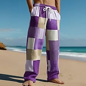 cheap Men's Printed Casual Pants-Men's Geometric Color Block Patchwork Trousers Casual Pants Baggy Pants Mid Waist Fashion Home Outdoor Vacation Elastic Drawstring Waist Linen-Like Pants with Pockets Summer Spring 3D Print Blue