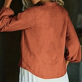 baratos Camisas de Luxo-Mulheres Camisa de linho camisa de verão camisa de botão Bolsos Côr Sólida Tecido Diário à moda Casual Manga Longa Decote V Tops regulares Feriado Roupa de Praia Roupas de resort Preto Branco Amarelo