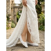 economico sposa-scarpe da sposa basse in pizzo color avorio da donna con fiocco, eleganti ballerine da sposa per matrimoni all'aperto in giardino