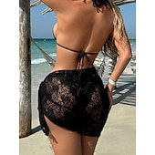 preiswerte 3-teiliges Bikini-Set-Damen Badeanzug Bikini Dreiteilig Rock Bademode Schlank Rückenfrei Urlaub Strandbekleidung Einfarbig Neckholder Ärmellos Badeanzüge