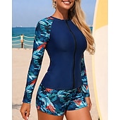 baratos Rash Guards de Uma Peça-Mulheres Anti Atrito Roupa de banho Tankini Tropical Zip Up Lateral franzida Proteção UV Elástico Manga Longa Roupa de Banho roupa de banho Surfe Mergulho Natação Verão