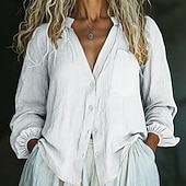 baratos Camisas de Luxo-Mulheres Camisa de linho camisa de verão camisa de botão Bolsos Côr Sólida Tecido Diário à moda Casual Manga Longa Decote V Tops regulares Feriado Roupa de Praia Roupas de resort Preto Branco Amarelo