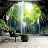 cheap Wall Tapestries-Aesthetic Zen Jungle Cave Tapestry 3D Waterfall Forest Sunlight Wall Decor Serene Nature Landscape Hanging for Yoga Studio Meditation Room