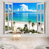 levne Nástěnné tapiserie-3D gobelín s výhledem z okna, pláž, falešné okno, oceán, nástěnná dekorace, tropické palmy, pobřežní krajina, do obývacího pokoje, místnost na jógu.