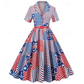  250º Aniversário EUA Anos 50 Retro Vintage Meio-dia Vestidos Vestido swing Vestido Flare Mangas curtas Linha A Fantasia Mulheres 4 de julho Dia da Independência Adulto Vestido Vestidos de baile