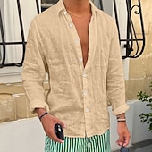 お買い得  通り-男性用 シャツ リネンシャツ サマーシャツ ビーチシャツ タックなしシャツ 平織り カジュアル 日常 ブルー ブラック ホワイト ピンク 長袖 ラペル 春夏 衣類