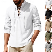 Недорогие Классический-Муж. Рубашка Льняная рубашка Стиль Викингов Летняя рубашка Одежда для пляжа Рубашка с воротником-стойкой Сплошной цвет Повседневные Отпуск Черный Белый Зеленый Цвет хаки Длинный рукав