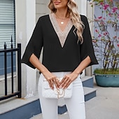 preiswerte Schicke Blusen-Damen Hemd Bluse Chiffon Tops Patchwork Farbblock Stilvoll Lässig Langarm V Ausschnitt Normale Oberteile Täglich Ferien Ausgehen Blau Schwarz Weiß Rosa Himmelblau Sommer Frühling