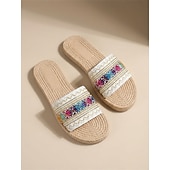 preiswerte Frauen-Bestickte, flache Damen-Sandalen im Boho-Stil mit gewebter Sohle – farbenfroher, tropischer Resort-Look, bequeme Sommerpantoletten zum Entspannen am Pool und für Inselurlaube