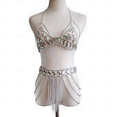voordelige Toppen en Sets-Samba Dancewear Iriserende Edelsteen Gouden Lichaamsketting Bikini Set Performanced Costume