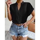  Dames Blouse Knop Effen Elegant Dagelijks Stijlvol Korte mouw V-hals Normale tops Dagelijks blauw Zwart Blozend Roze Oranje Groen Zomer Lente