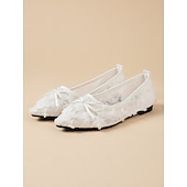 economico sposa-scarpe da sposa basse in pizzo color avorio da donna con fiocco, eleganti ballerine da sposa per matrimoni all'aperto in giardino
