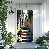 abordables Bannières de Garage et de Porte-Bannière 3D représentant une vieille ruelle, des escaliers en pierre, une vue de rue méditerranéenne, un rideau de porte réaliste et pittoresque, idéal pour la décoration de votre porte d'entrée.