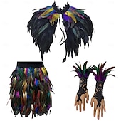 voordelige Accessoires-Carnaval 2026 Rio Carnaval Samba Accessoires 3-delig Vrouwen Veer Kostuum Set Gotische Veer Cape Sjaal Mini Rok  Lange Kant Polsmanchetten Brazilië Festival Performance Kostuum