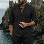 abordables Vacances-Homme Chemise Chemise en lin Style Viking Chemise popover Chemise d'été Chemise à col officier Uni Occasionnel Vacances Noir Blanche Vert Kaki manche longue Col en V Été Printemps Vêtement Tenue