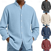 cheap Men's Button Up Shirts-Men's Shirt Waffle Shirt Casual Shirt Button Up Shirt Blue Black White Wine Navy Blue Long Sleeve Plain Lapel Casual Daily Clothing Apparel Fashion Streetwear