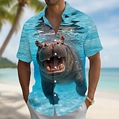 Χαμηλού Κόστους Ocean Print-Ανδρικά Ζώο Ιπποπόταμος Σφραγίδα Χαβανέζικο πουκάμισο Πουκάμισο με κουμπιά Πουκάμισο Aloha Κοντομάνικο Αστείος Διακοπές Ρούχα παραλίας Καλοκαίρι Άνοιξη Απορρίπτω 3D εκτύπωση γιακά πουκάμισα