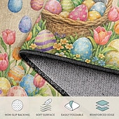 baratos Capacho-Tapete de Páscoa com mensagem de Feliz Páscoa, coelhinho na cesta de ovos e tulipas coloridas, perfeito para dar as boas-vindas à primavera.