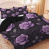 abordables Juegos de funda nórdica-Juego de funda nórdica con estampado de flores y mariposas de rosas moradas, juego de cama estilo hotel con 1 funda nórdica y 2 fundas de almohada, tela de felpa suave, no incluye edredón.