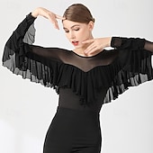 economico Abbigliamento da Pratica-Top da ballo da sala da donna, maglia trasparente con volant e maniche a pipistrello, camicetta rossa per prove di valzer latino, performance moderna
