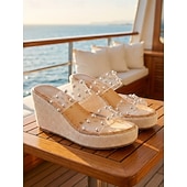 abordables Mujeres-Sandalias transparentes para mujer con adornos de perlas: diseño elegante de cuñas transparentes, calzado cómodo y elegante para verano, playa y salidas informales.