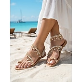 tanie Kobiety-damskie sandały w stylu boho zdobione perłami i pętelką na palce - eleganckie letnie buty ślubne na plażę