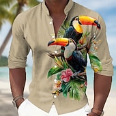 preiswerte Vögel &amp; Tiere-Herren Tropische Blumen Palmblatt Tukane Hemd Hawaiihemden Stehkragenhemd Langarm Hawaiianisch Lässig Urlaub Frühling Herbst Mandarinkragen Stehkragen 3D-Druck Hemden mit Knopfleiste Blau Weiß Khaki
