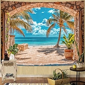 cheap Ocean Beach Tapestry-Beach Landscape Window Tapestry Tropic Ocean Palm Tree Seaside Wall Backdrop Summer Mural for Living Room Bedroom Office Decor