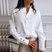 baratos Blusas Simples-Mulheres Saia camisa de botão Blusa Patchwork Botões Côr Sólida Tecido Elegante à moda Clássico Manga Longa Colarinho Chinês Tops regulares Diário Trabalho Para Noite Branco Verão Primavera Outono