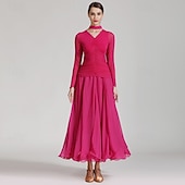 abordables Salón de Baile Estándar-Vestido de baile de salón rojo para mujer, cuello en V, cintura fruncida, manga larga, vestido de vals, traje de competición estándar moderno.
