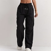 preiswerte Cargohose für Damen-Damen Cargo-Hosen Hose Freizeithose Urlaub Mode Alltagstauglich Volle Länge Hohe Taille Einfarbig Einfach Kordelzug Tasche Weites Bein Komfort Schnelltrocknend Weich Unelastisch Outdoor Streetwear