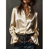  Dames Blouse Knop Effen Kleur Elegant Stijlvol Basic Lange mouw Overhemdkraag Normale tops Dagelijks Werk Wit Champagne Marineblauw Bruin Lente Herfst Winter