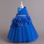 preiswerte Blumenmädchenkleider-Blumenmädchenkleid Mädchen Formelle Kleidung Hochzeitskleidung Party Hochzeit Formell Niedlich Formell Schön Patchwork Netz Einfarbig Ärmellos Rundhalsausschnitt Blau Rosa Ab 4 Jahren