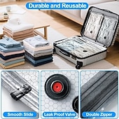 abordables almacenamiento de equipaje y viajes-Bolsas de compresión para almacenamiento al vacío de viaje inalámbricas, juego de bolsas grises reutilizables con sellado al vacío, organizador de ropa transparente para equipaje, armario, embalaje de viaje.