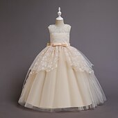 baratos Vestidos de Menina das Flores-Vestido para Meninas das Flores Para Meninas Vestido formal Traje de casamento Festa Casamento Formal Moda Adorável Formal Patchwork Com Transparência Floral Princesa Sem Manga Gola Redonda Azul