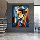 cheap Famous Paintings-Modern Expressionist Man Smoking Canvas Abstract Picaso Style Portrait Wall Art Blue Orange Home Decor Contemporary Art Canvas Unique Character