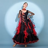 economico Abbigliamento da Competizione-abito da ballo da sala da donna in organza arricciata con ricami a fiamma rossa nera, tango foxtrot paso doble, abito da competizione