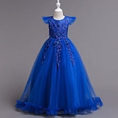 abordables Robes de Fille de Fleurs-Robe de Demoiselle d'Honneur Fille Fille Robe de soirée Tenue de mariage Soirée Mariage Formel Mode Princesse Beau Maille Couleur Unie Sans manches Col Rond Bleu Jaune 4 ans et +