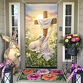 olcso Ünnepi faliszőnyegek-Húsvéti ajtótakaró báránykával a kereszten és liliomokkal, keresztény vallási dekoráció, tökéletes húsvétvasárnapra, tavaszi ünnepekre és szabadtéri ünnepségekre
