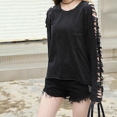 ieftine tricou simplu-Pentru femei Top cu umeri deschiși Topuri cu spălare vintage Ciucure Eliminat Moda Punk Manșon Lung Stil Nautic Rotund Topuri obișnuite Zilnic Ieșire Negru Vară Primăvară