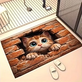 abordables Felpudo-Felpudo con ilusión 3D de gatito, impresión 2D de un gato asomándose a través de una pared de ladrillos para una entrada divertida y original, perfecta para los amantes de los gatos.