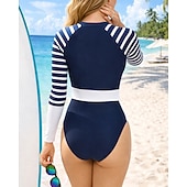 ieftine Rash guards One Piece-Pentru femei Bariere Iritatie Costum de baie Costume de baie Dungi Inchide fermuarul Picior scurt Protecție UV Uscare rapidă Elastic Manșon Lung Costume de Baie Costum de baie Surfing Plajă Înot Vară