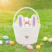 Недорогие Необычные игрушки-Корзинка в виде пасхального кролика, сделанная своими руками, пустая белая хлопковая веревочная сумка для поиска пасхальных яиц с ушками, многоразовое персонализированное подарочное ведерко для детей, малышей, девочек и мальчиков (пустое для самостоятельн