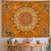 baratos Tapeçarias de Parede-Tapeçaria de parede mandala amarelo mostarda, estilo boho vintage com design floral, grande, em tons terrosos, para decoração de casa, pôster de tecido para fundo de parede.