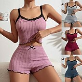 abordables Hauts et bas de nuit pour femmes-Femmes Ensemble Pyjama Occasionnel Confort Couleur Unie Dentelle Taille Élastique Shorts Quotidien Maison Sans manches Bretelles Bleu Blanche Rose Claire Vin Gris Été Printemps Coupe régulière