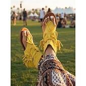 お買い得  女性-女性用のイエローのスエードフリンジアンクルサンダル。通気性のある穴あき生地、タッセルタイのディテール、フェスティバルの音楽イベントや休暇に最適な鮮やかなジプシースタイルのシューズ。