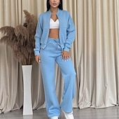 voordelige Dames trainingspakken-Dames Trainingspak Broeken Sets Bolero Top Lange mouw Overhemdkraag Effen Vetoketju Modieus Streetwear Casual Dagelijks Buiten blauw Blozend Roze Donker Roze Lente Normale pasvorm