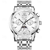 abordables Montres mécaniques-Montre homme Olevs neuve, élégante et fonctionnelle, avec affichage des phases de la lune, du calendrier, de l'heure sur 24 heures et du jour de la semaine. Montre mécanique automatique multifonctions