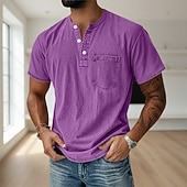 cheap Casual Henley Tee-Men's Henley Shirt 100% Cotton Acid Wash Shirt T shirt Tee Short Sleeve Solid Retro Vintage Casual Vintage Style Washed Henley Casual Summer Spring Fall Black Pink Light Green Henley T-Shirt