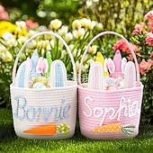 Недорогие Необычные игрушки-Корзинка в виде пасхального кролика, сделанная своими руками, пустая белая хлопковая веревочная сумка для поиска пасхальных яиц с ушками, многоразовое персонализированное подарочное ведерко для детей, малышей, девочек и мальчиков (пустое для самостоятельн